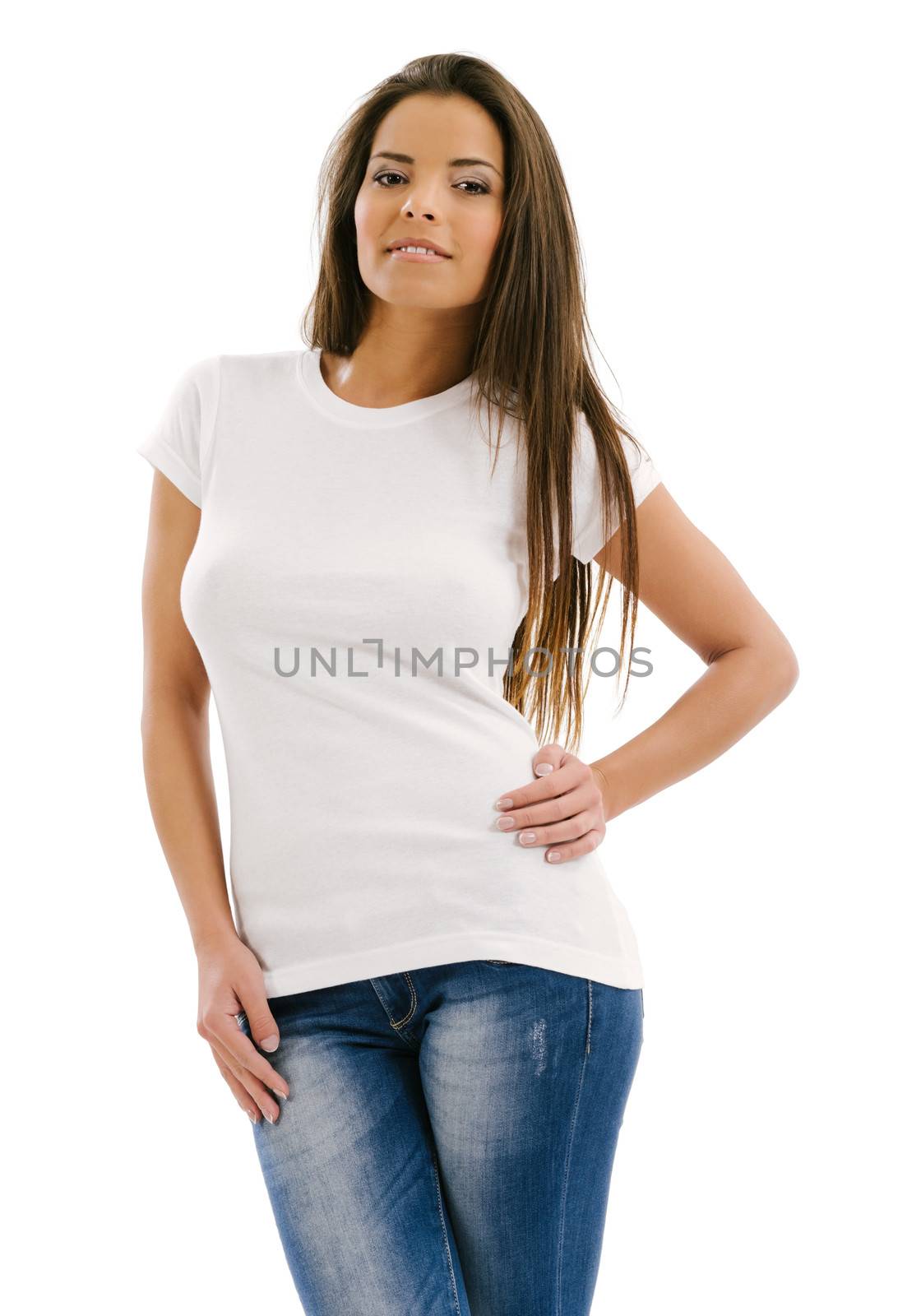 Young beautiful sexy female with blank white shirt. Ready for your design or artwork.