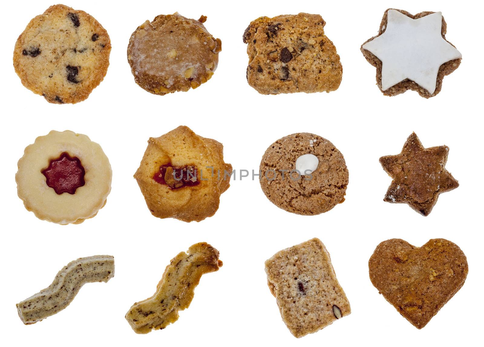 Collage of various types of biscuits isolated against a white background