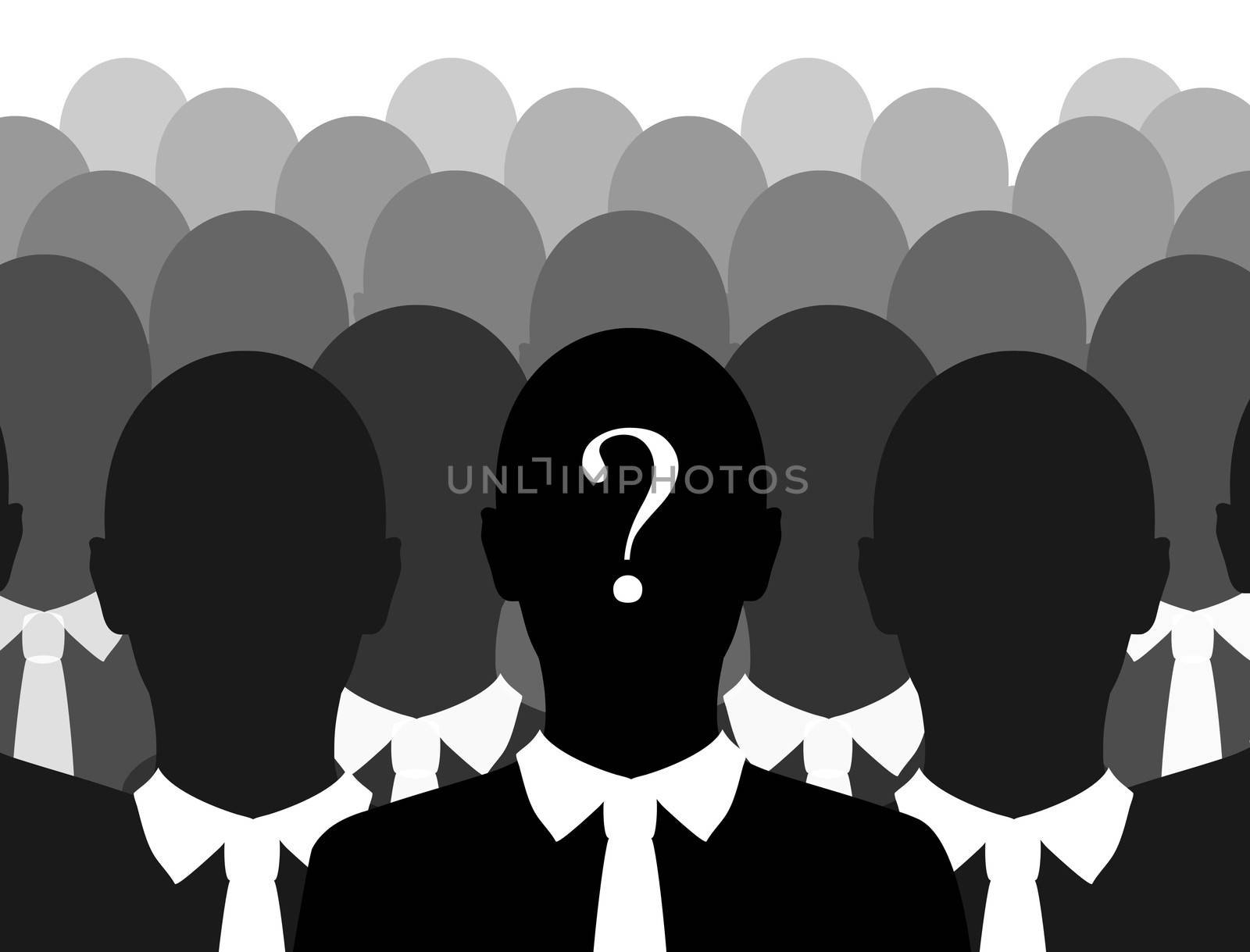 Illustration of a crowd of business people one with a question mark on their head