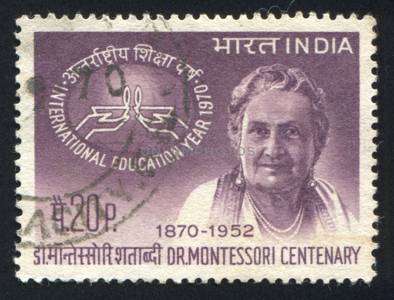 INDIA - CIRCA 1970: stamp printed by India, shows Dr. Maria Montessori and Education Symbol, circa 1970