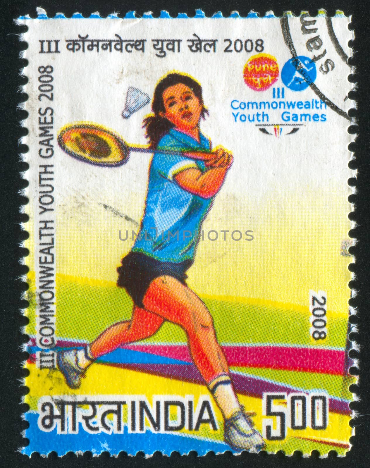 INDIA - CIRCA 2008: stamp printed by India, shows badminton player at III Commonwealth youth games, circa 2008