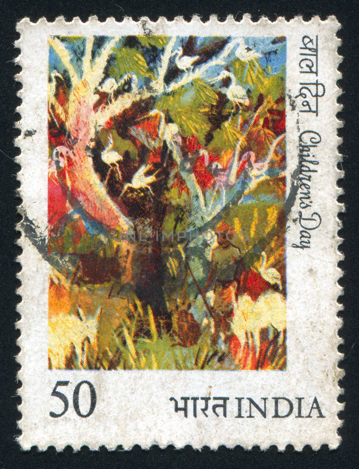 INDIA - CIRCA 1984: stamp printed by India, shows painting of birds in trees, circa 1984