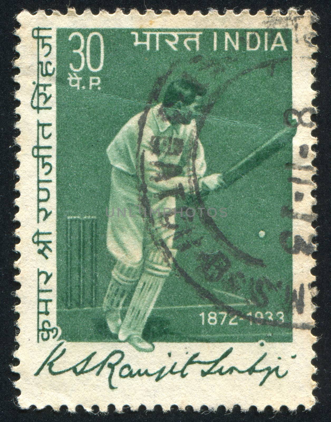 INDIA - CIRCA 1973: stamp printed by India, shows cricket player with bat, Ranjit Sinhji, circa 1973