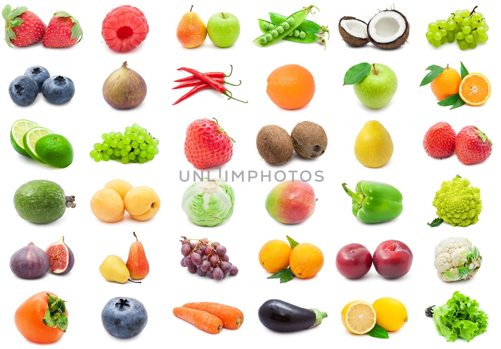 Collection of various fruits and vegetables isolated on white background