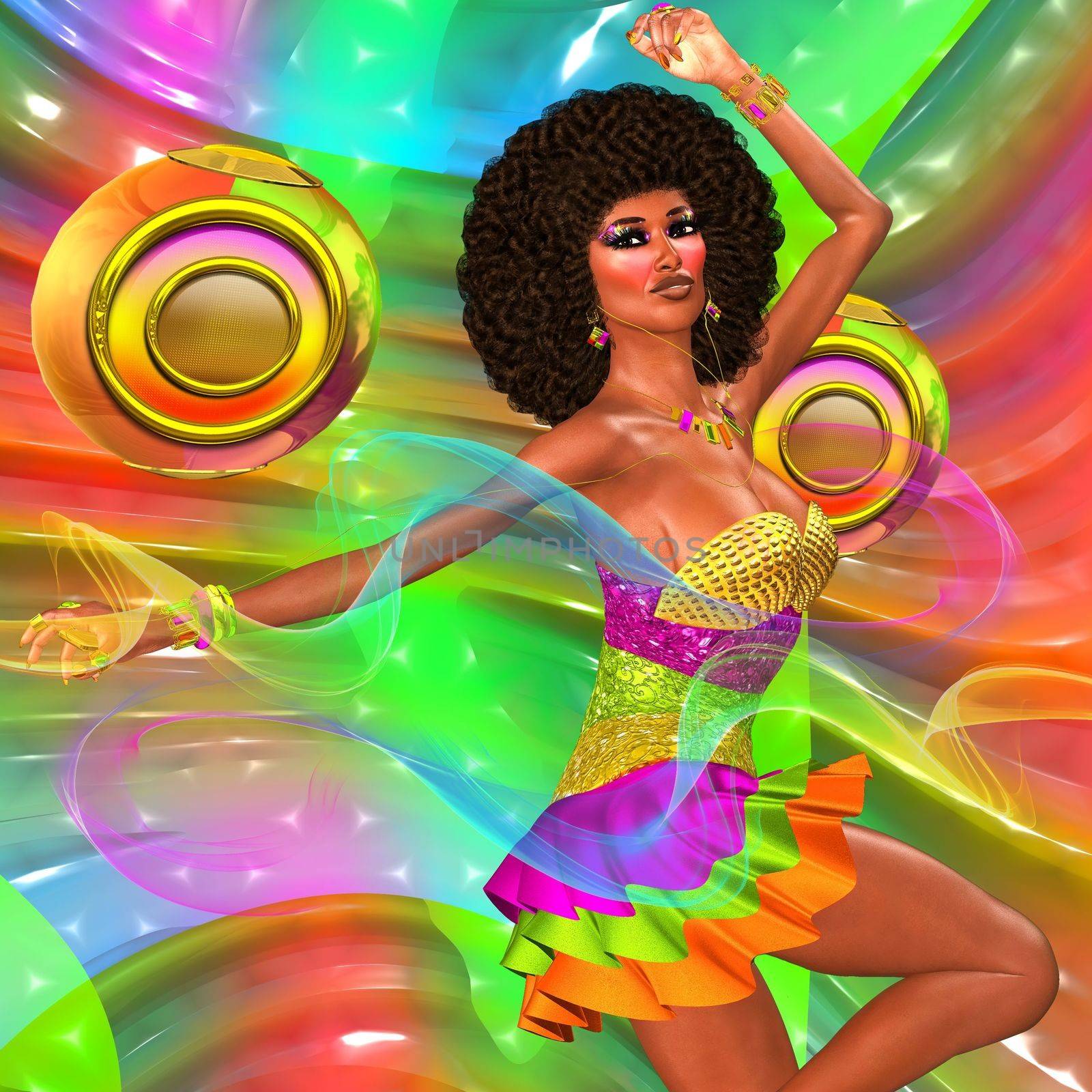 Disco dancing girl on abstract background with two gold speakers. She dances to the dj music with her retro afro and short skirt making a fashion statement.