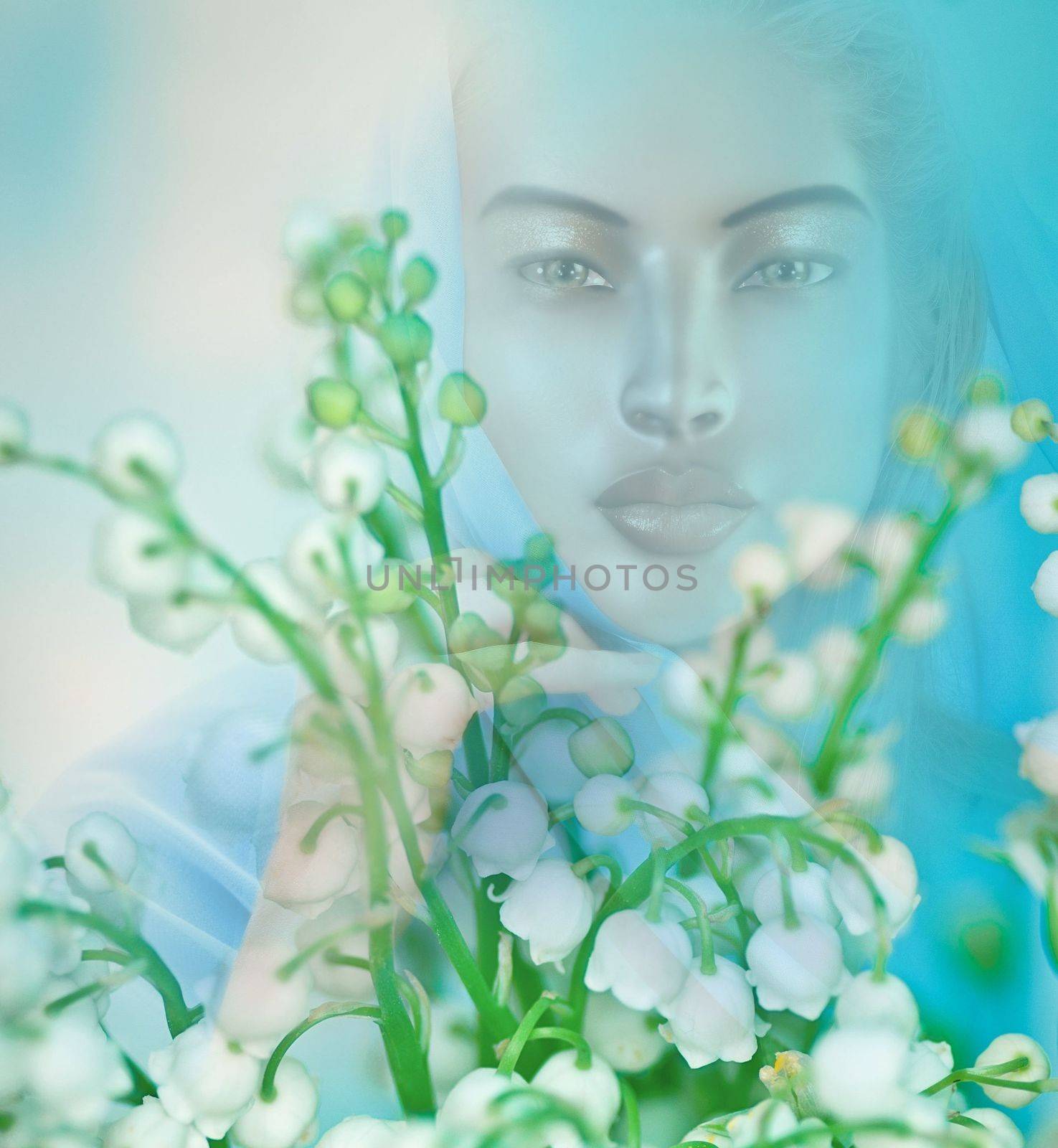Vision or apparition of spiritual woman in a field of flowers. Serenity and peace accompany this image enhanced by soft lighting and a gradient background.