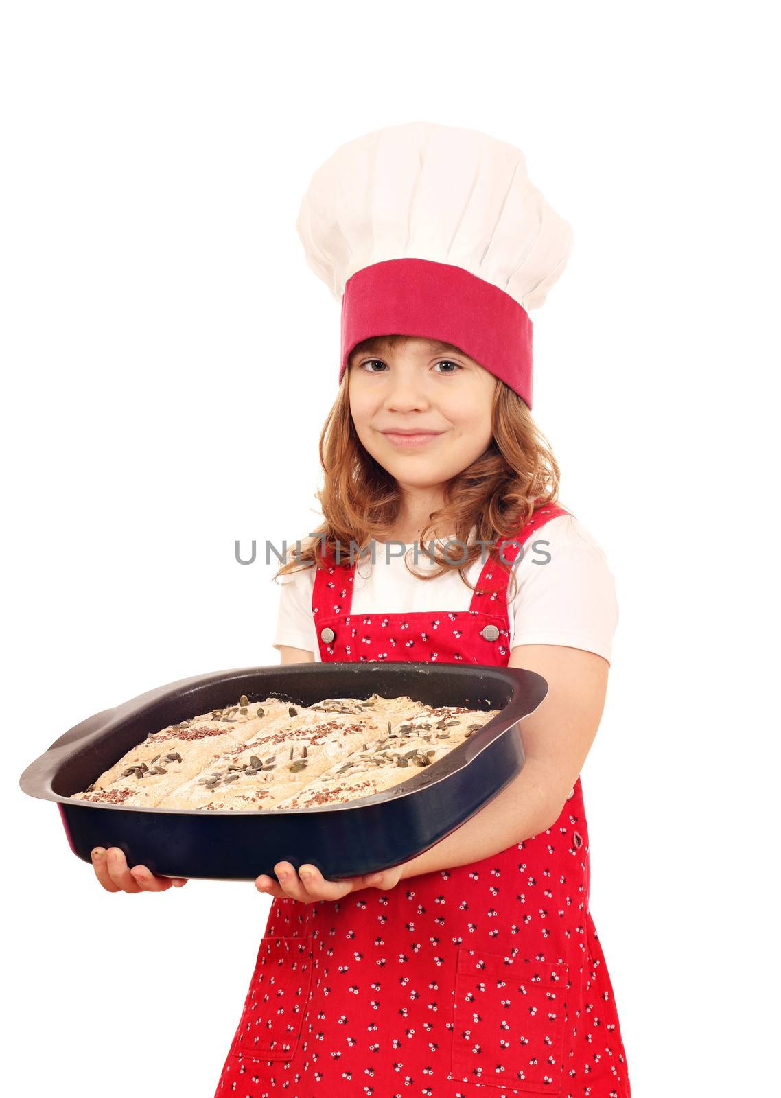 little girl cook hold plate with bread by goce