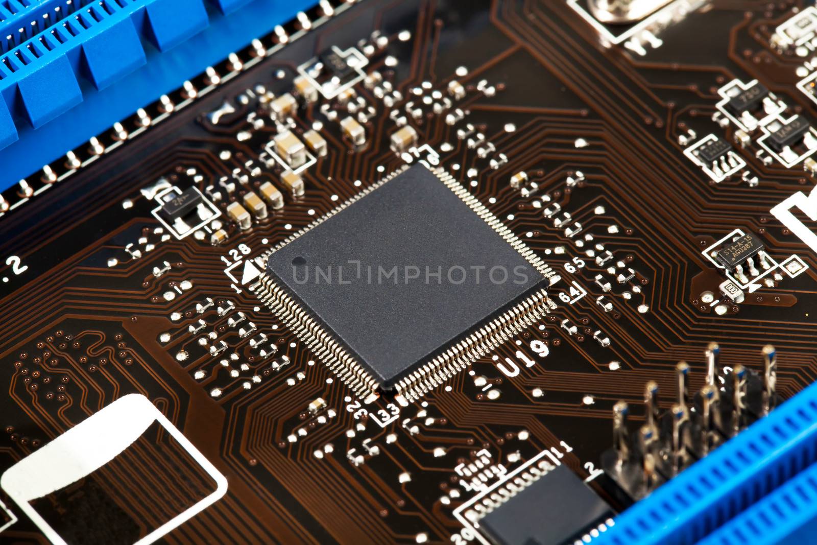 Laptop microchip on motherboard closeup