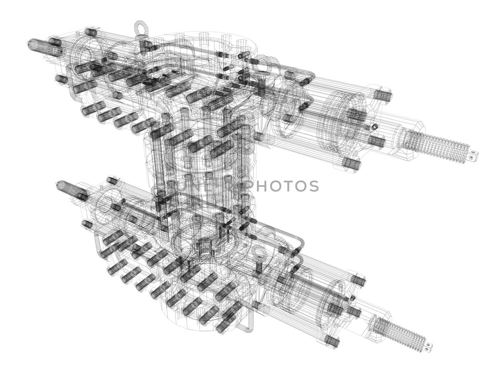 Industrial equipment. Wire-frame render isolated on white background