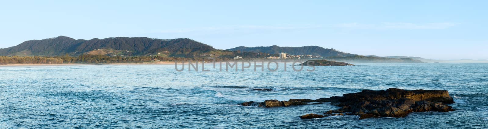 Coastline of Coffs Harbour in New South Wales Australia taken from causeway towards Muttonbird Island Nature Reserve