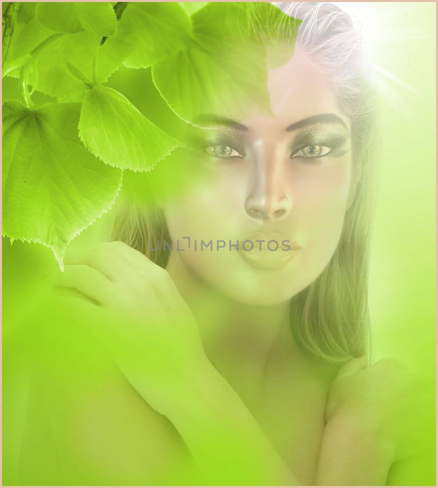 Surreal image of woman with a fresh green leaves, abstract background. by TK0920