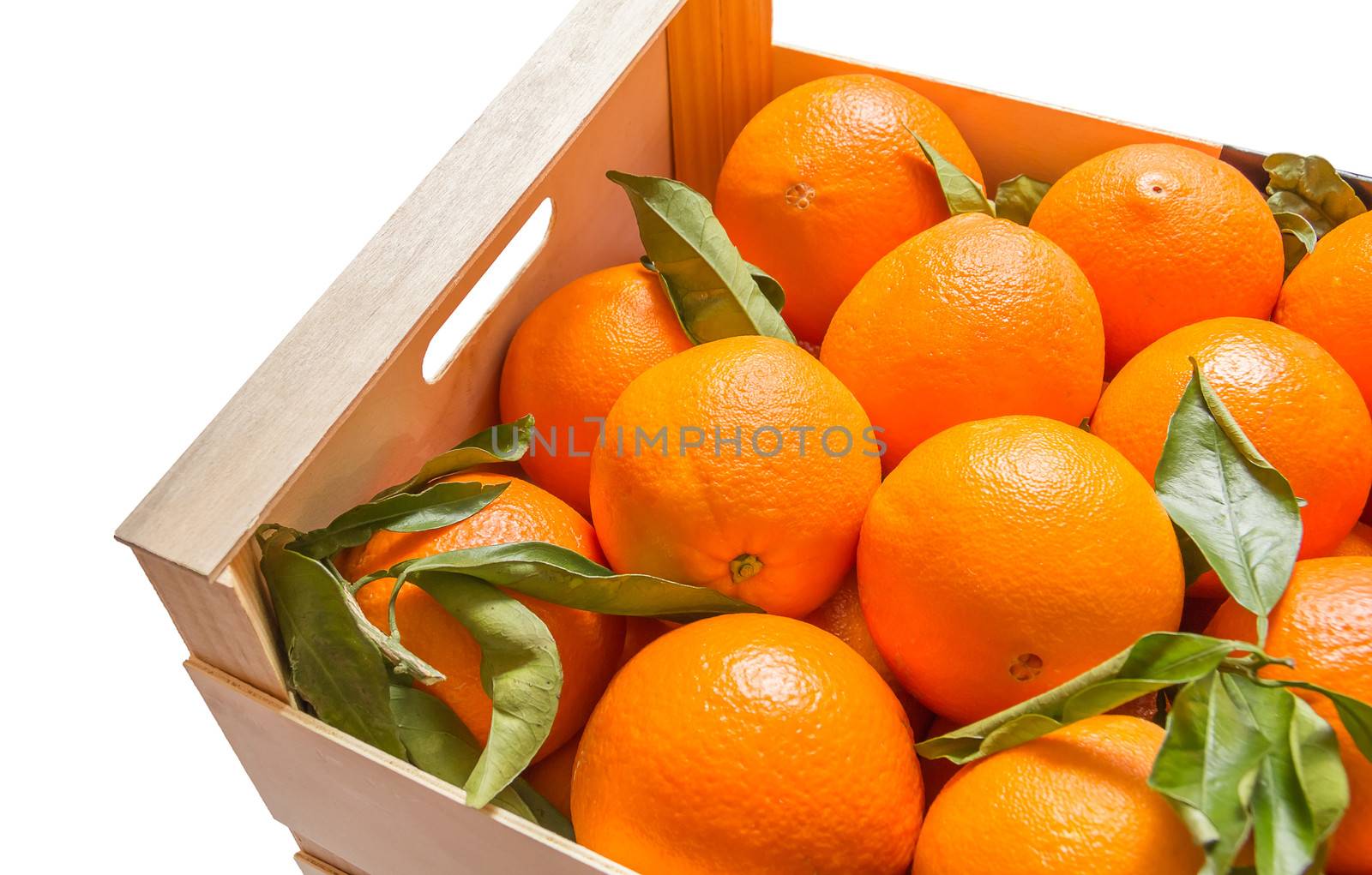 Wood box of valencian oranges on white background by doble.d