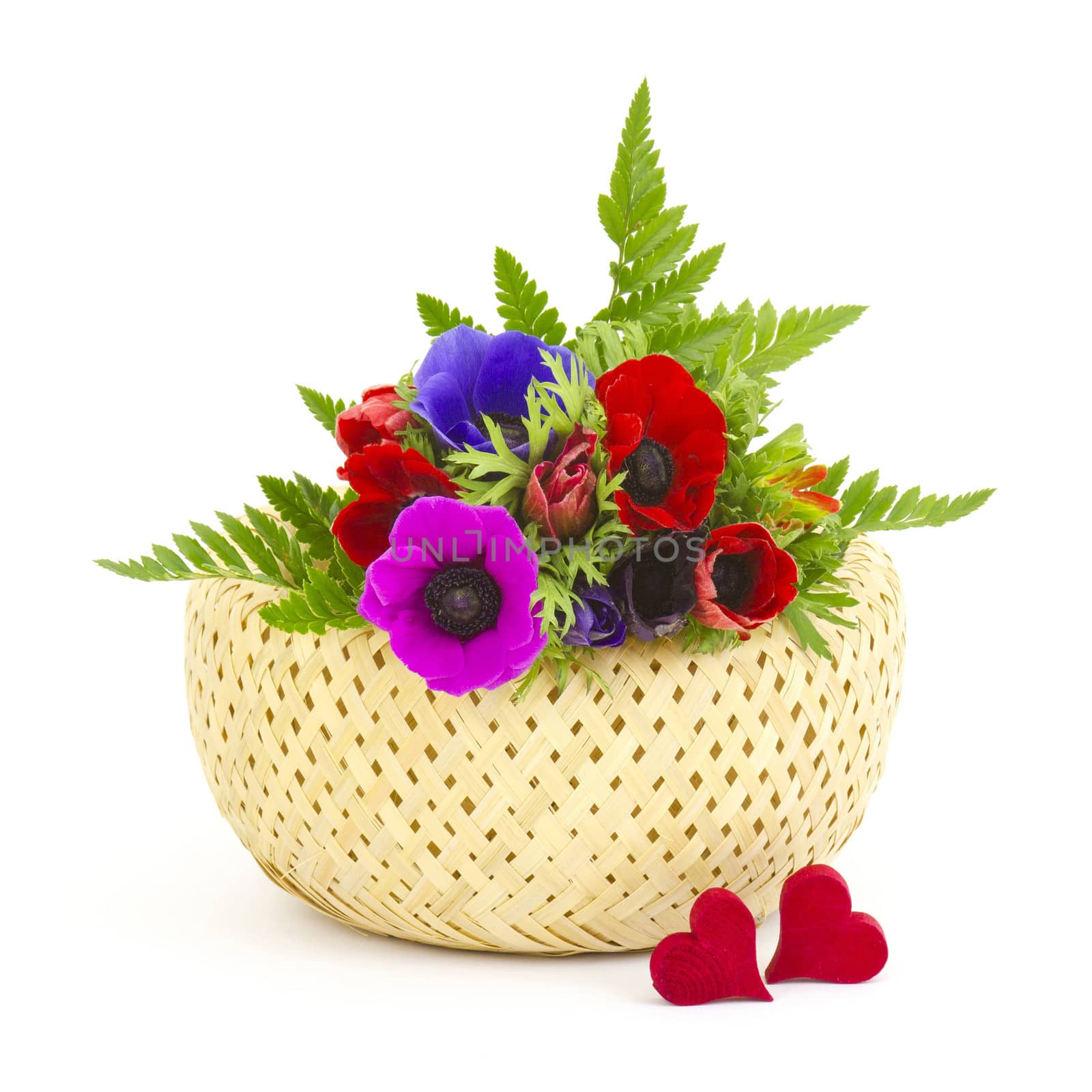 Bouquet Anemones in a basket and hearts on white background