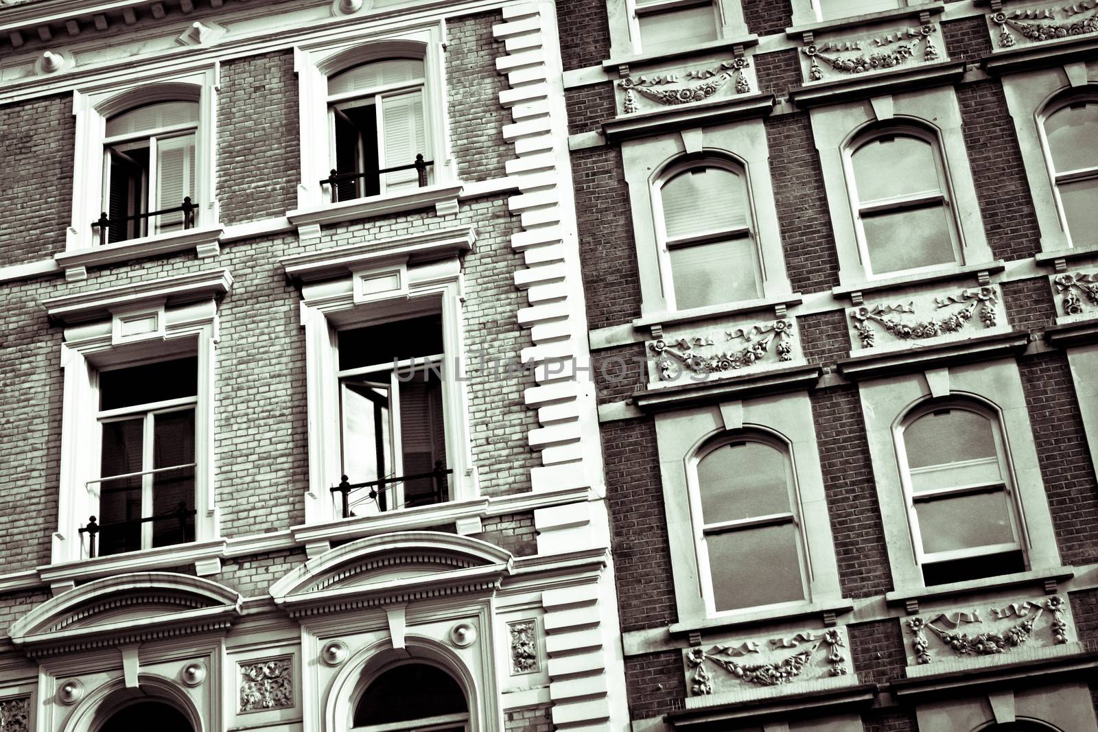 Black and white image of details of architecture in London