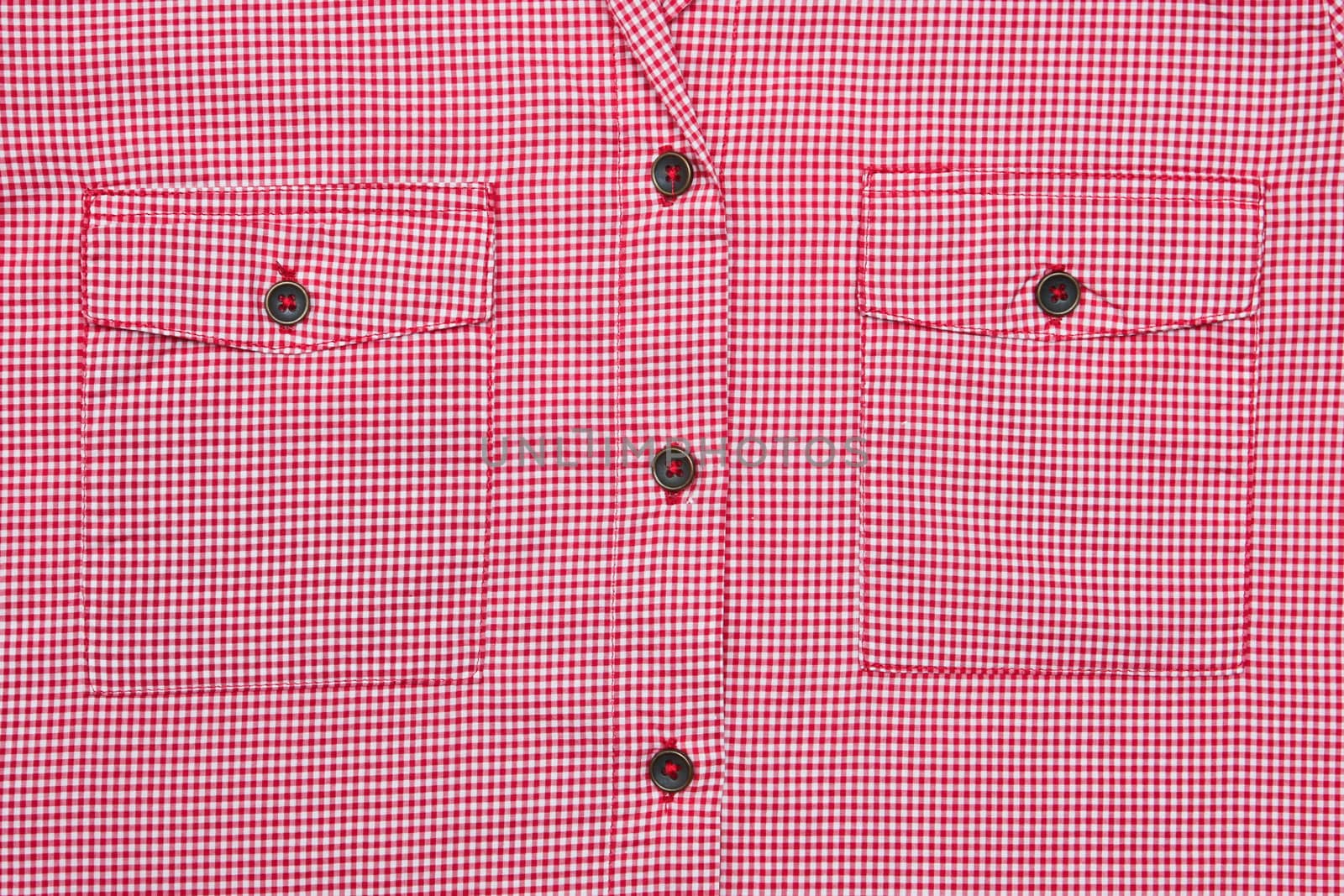 Front of a red gingham blouse showing pockets,collar and buttons