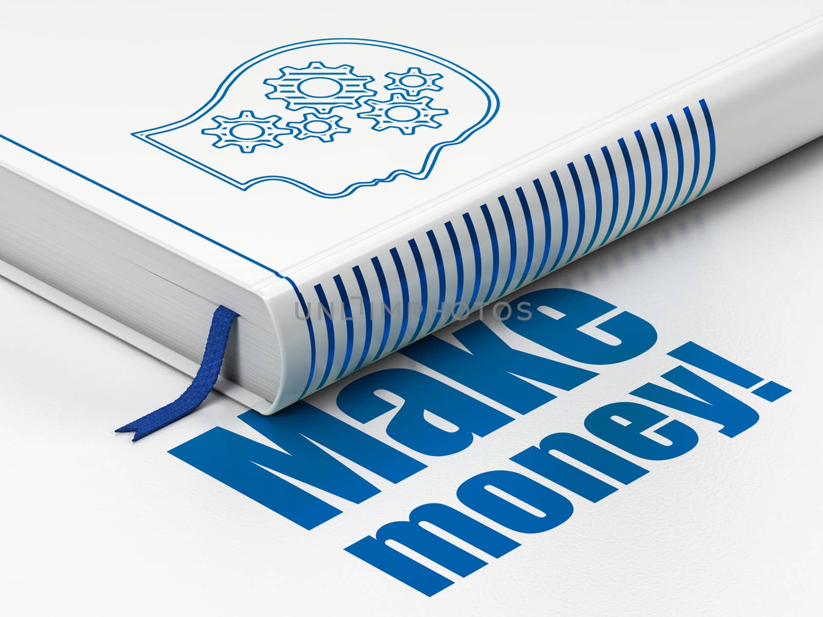 Business concept: closed book with Blue Head With Gears icon and text Make Money! on floor, white background, 3d render