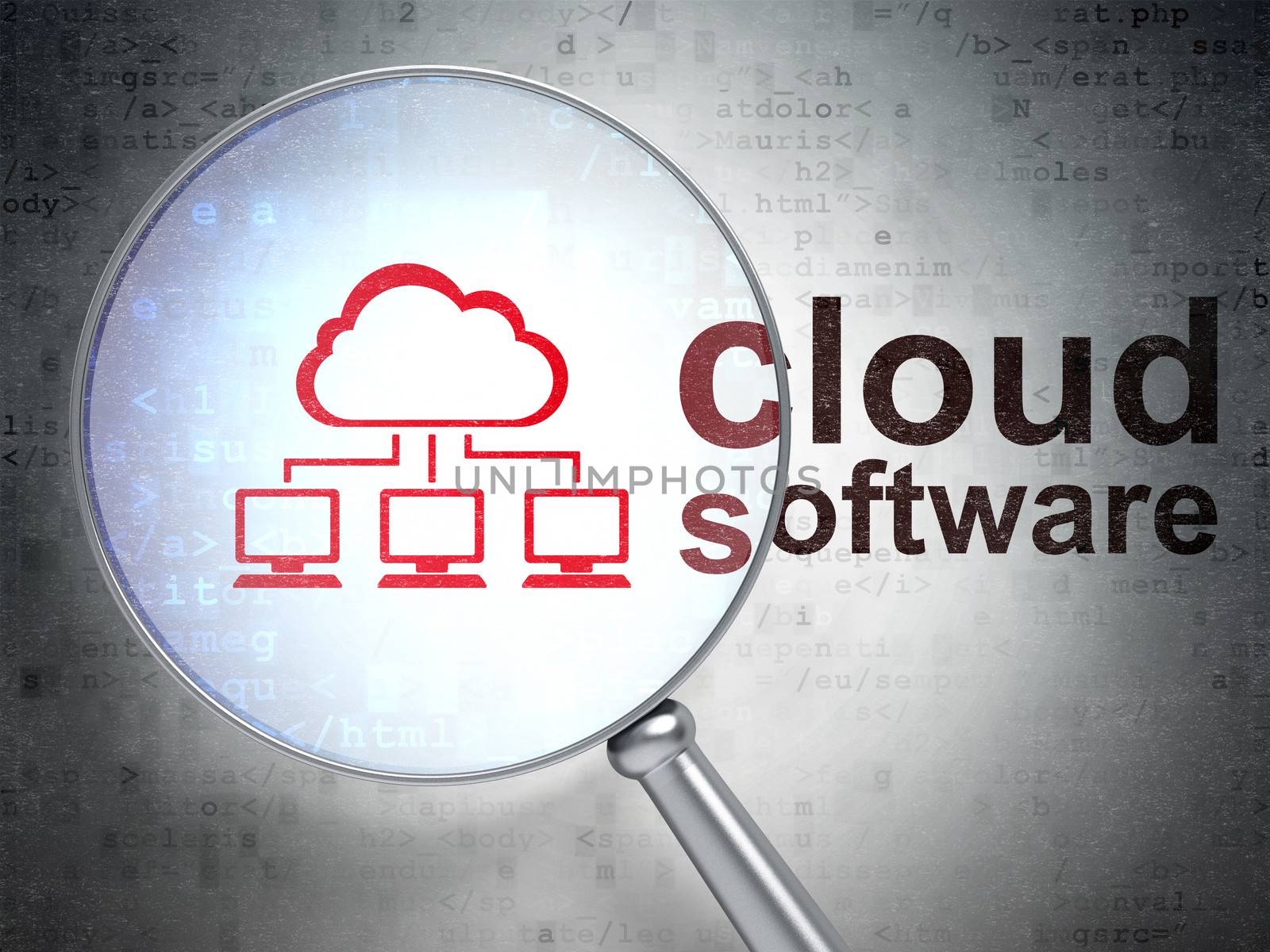 Cloud technology concept: magnifying optical glass with Cloud Network icon and Cloud Software word on digital background, 3d render