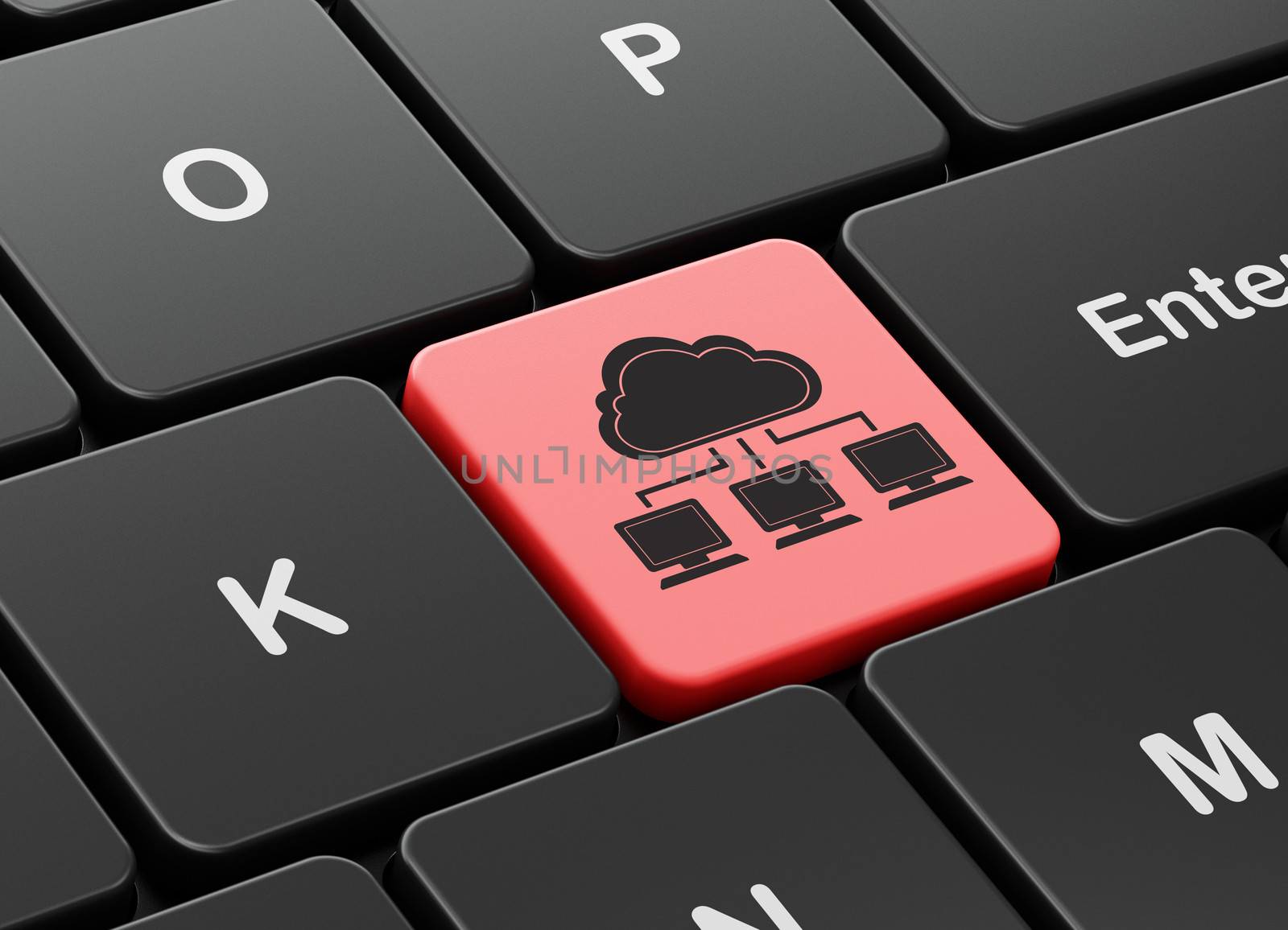 Cloud computing concept: computer keyboard with Cloud Network icon on enter button background, 3d render