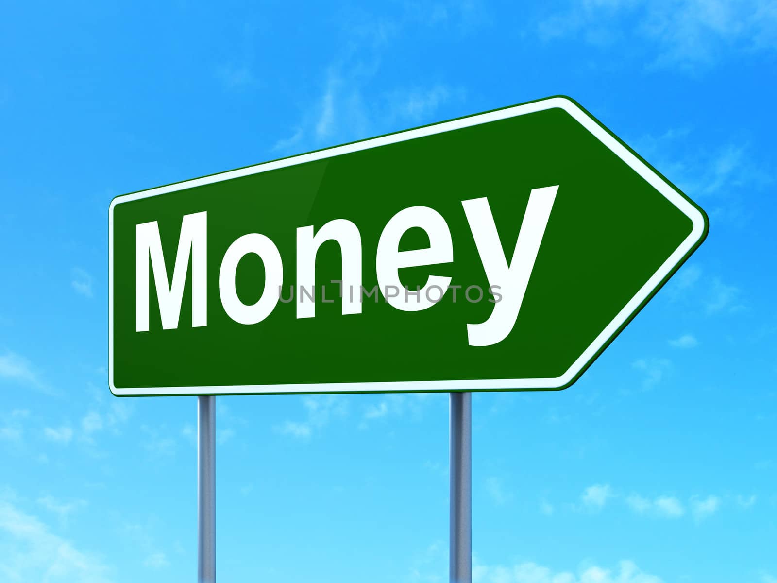 Finance concept: Money on green road (highway) sign, clear blue sky background, 3d render
