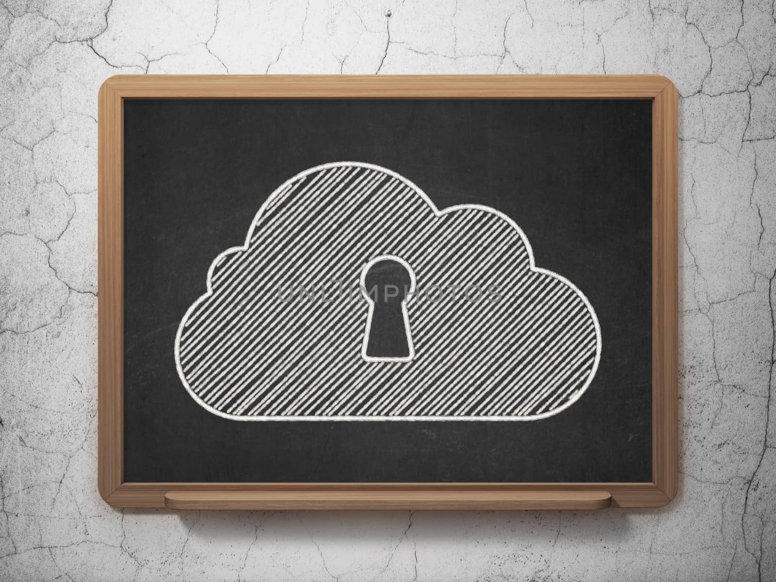 Cloud networking concept: Cloud With Keyhole icon on Black chalkboard on grunge wall background, 3d render