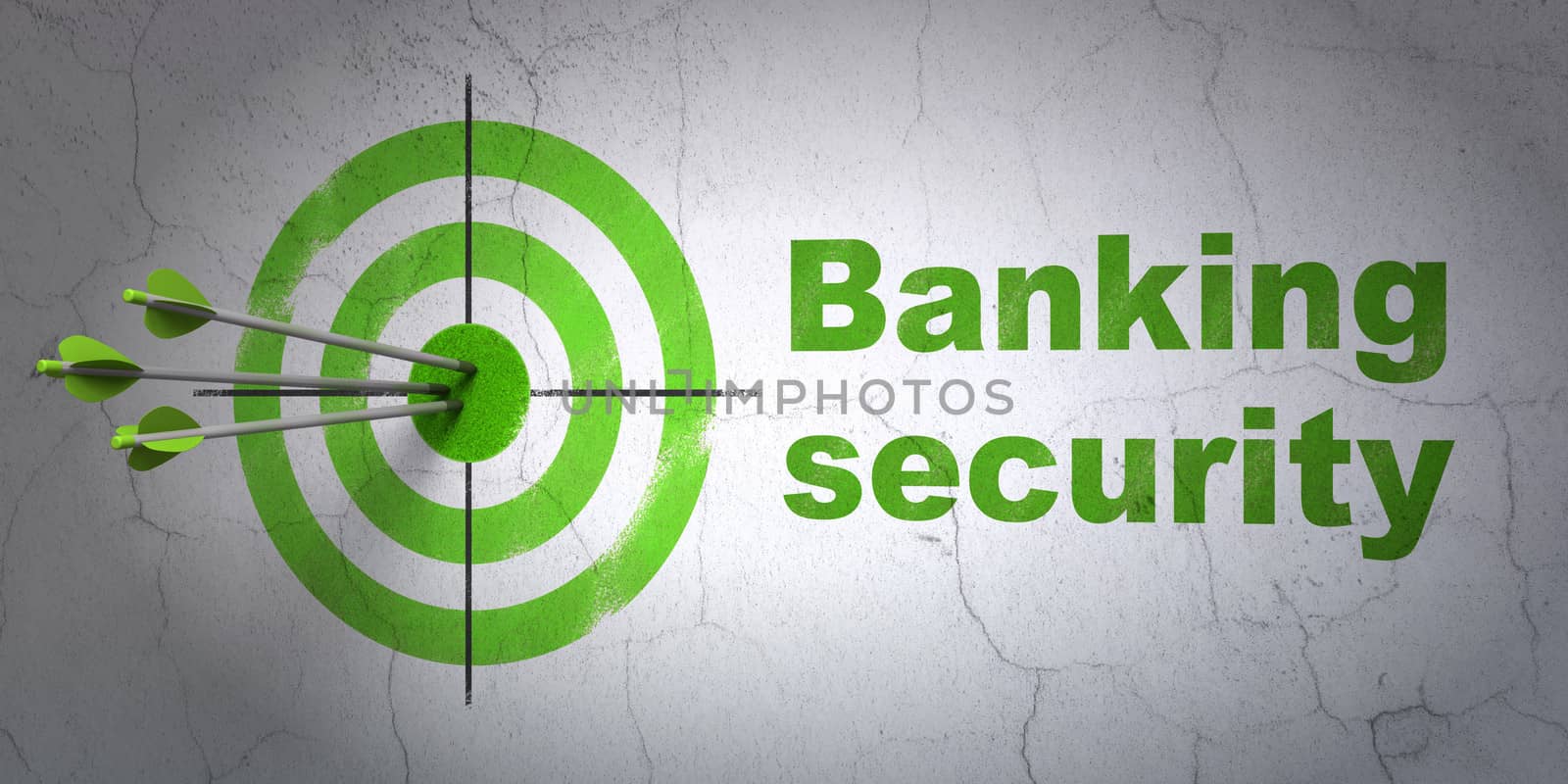 Success protection concept: arrows hitting the center of target, Green Banking Security on wall background, 3d render