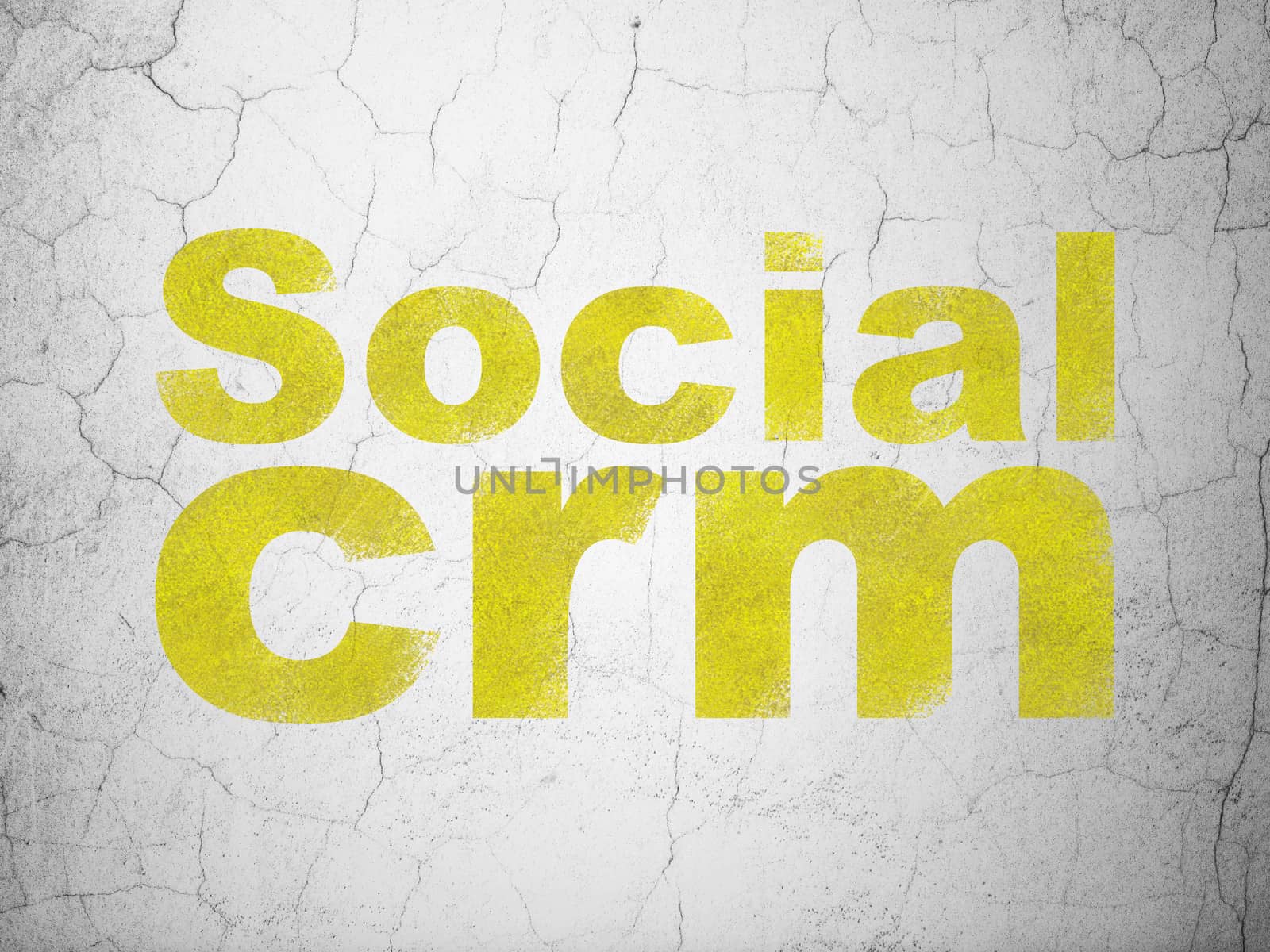Business concept: Yellow Social CRM on textured concrete wall background, 3d render