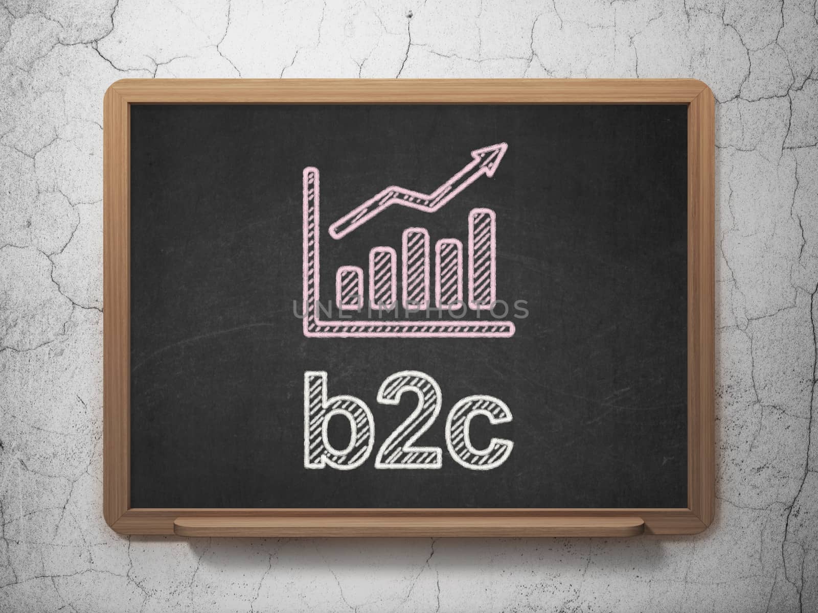 Business concept: Growth Graph icon and text B2c on Black chalkboard on grunge wall background, 3d render