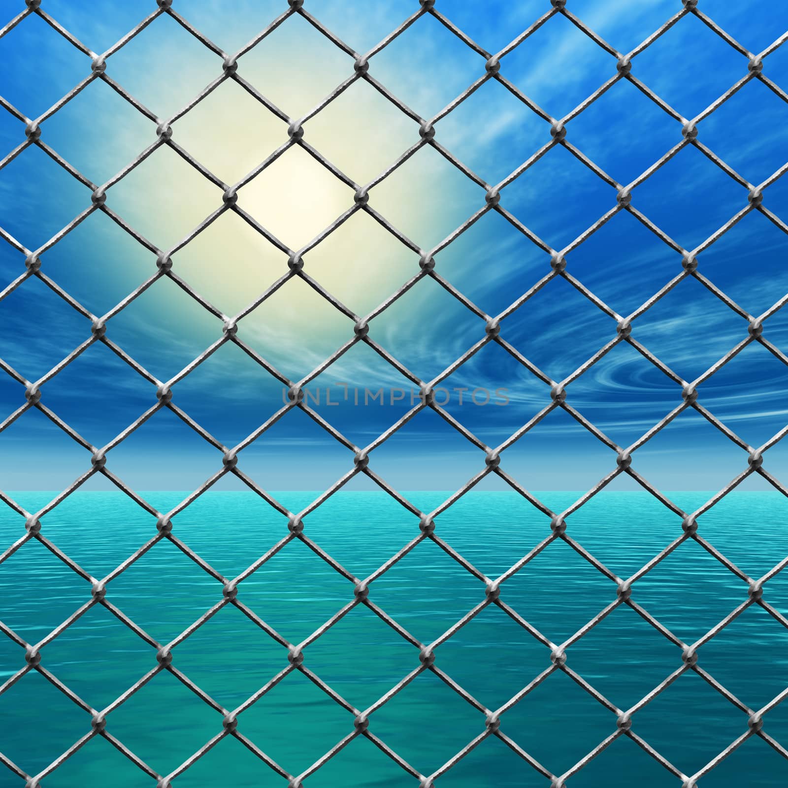 Freedom - Link fence over sunny sky and sea by ankarb