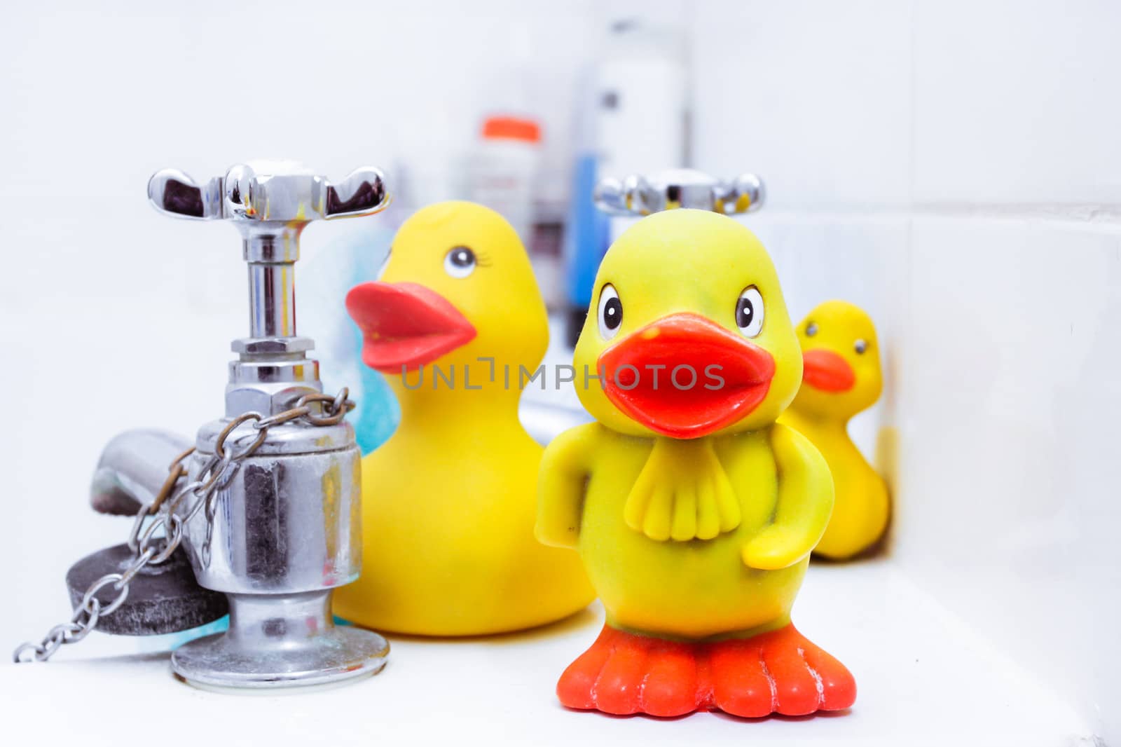 Yellow plastic ducks on the edge of a bath