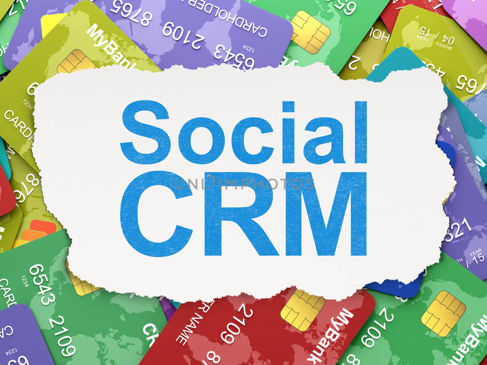 Business concept: torn paper with words Social CRM on Credit Card background, 3d render