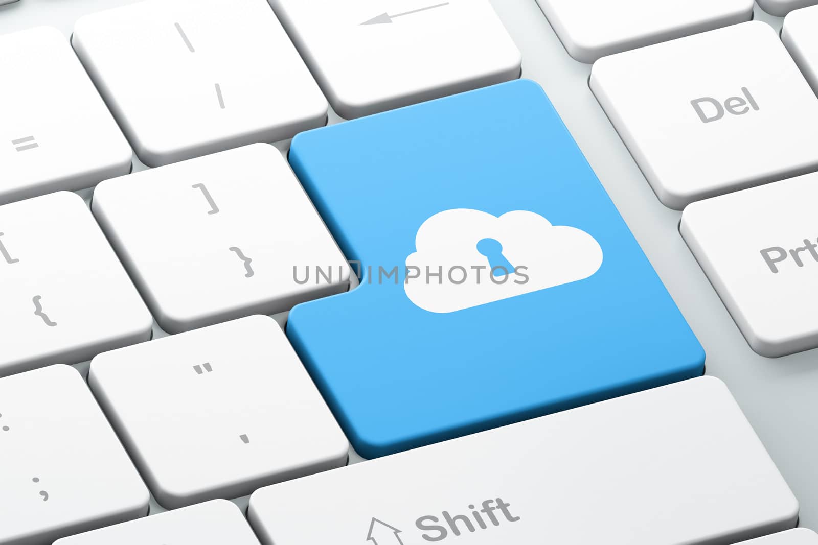 Cloud computing concept: Enter button with Cloud With Keyhole on computer keyboard background, 3d render