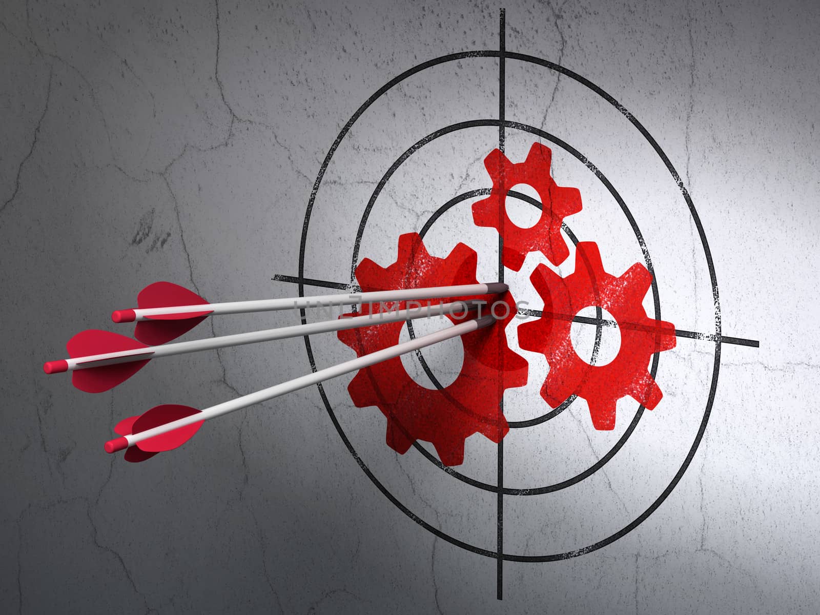 Success advertising concept: arrows hitting the center of Red Gears target on wall background, 3d render