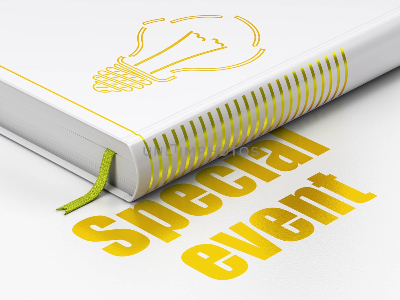 Business concept: closed book with Gold Light Bulb icon and text Special Event on floor, white background, 3d render