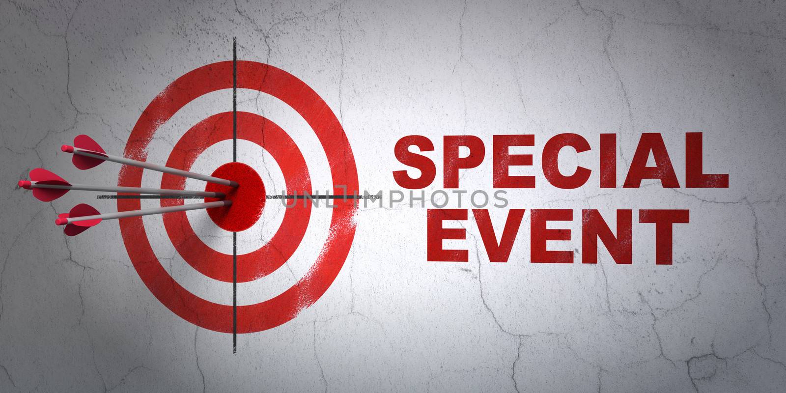 Success business concept: arrows hitting the center of target, Red Special Event on wall background, 3d render