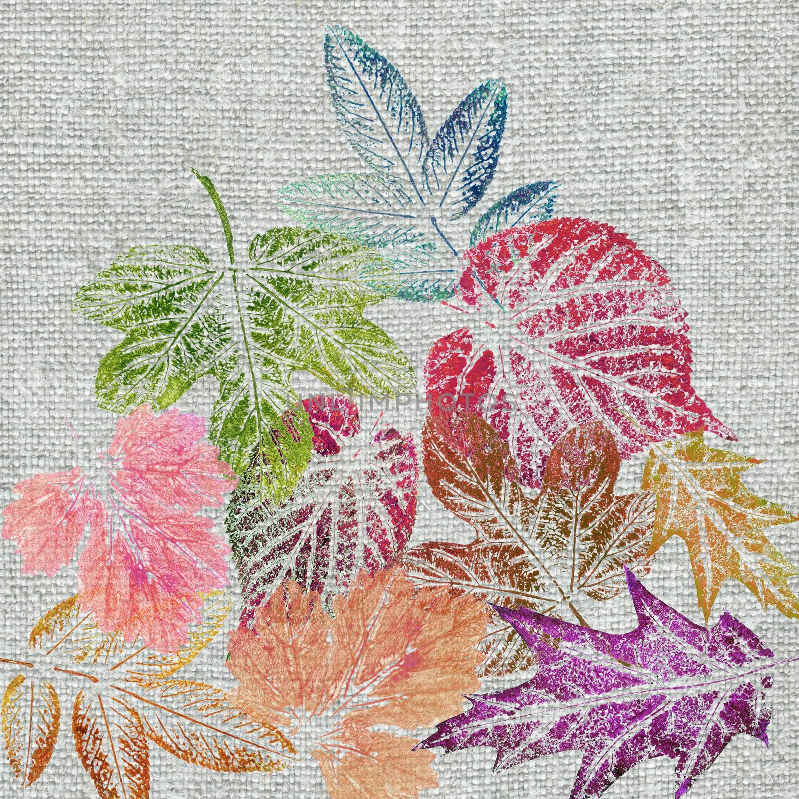 Artistic background, painting, hand draw, various colored leaves on a linen canvas