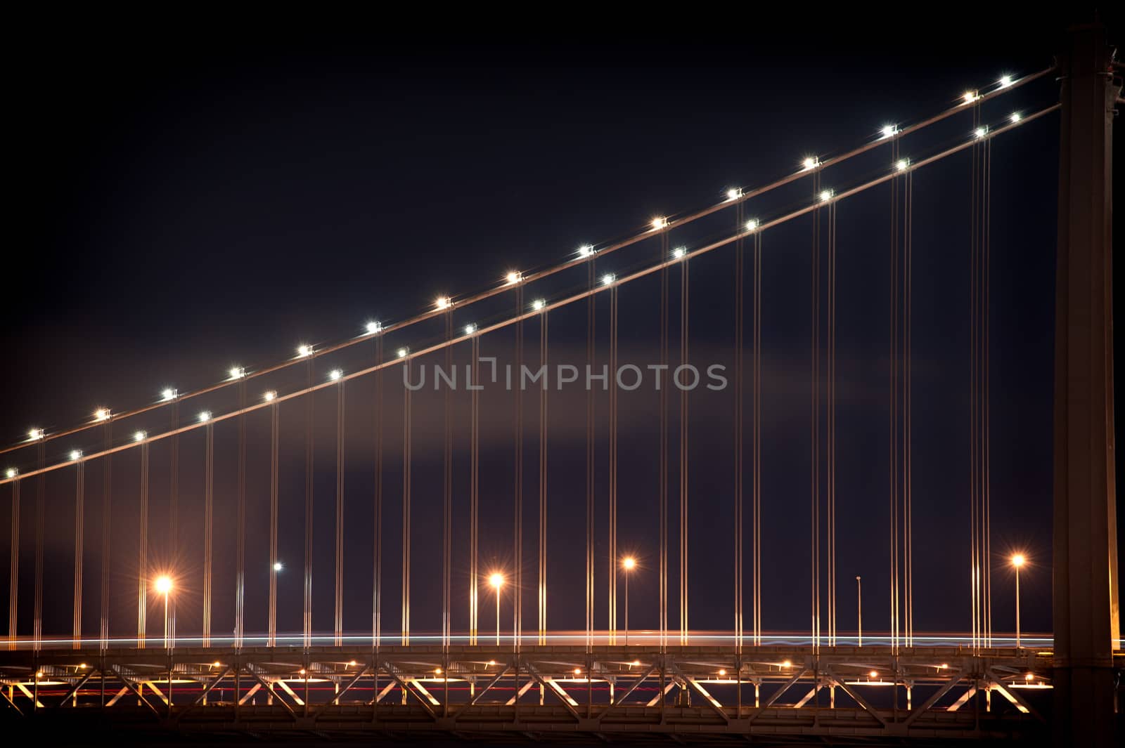 Suspension bridge lit up at night, Bay Bridge, San Francisco Bay, San Francisco, California, USA
