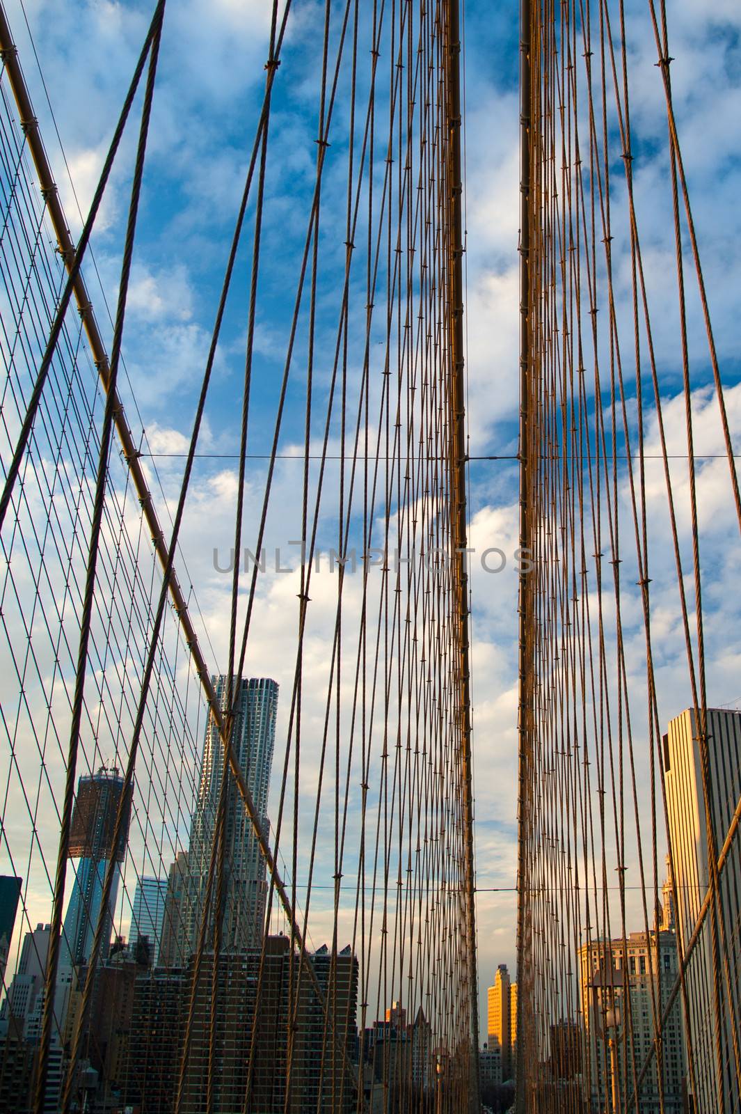 Suspension bridge with skyscrapers in the background, Brooklyn Bridge, Brooklyn, New York City, New York State, USA