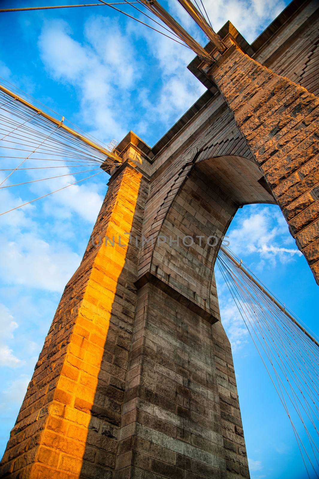 Low angle view of a suspension bridge, Brooklyn Bridge, Brooklyn, New York City, New York State, USA