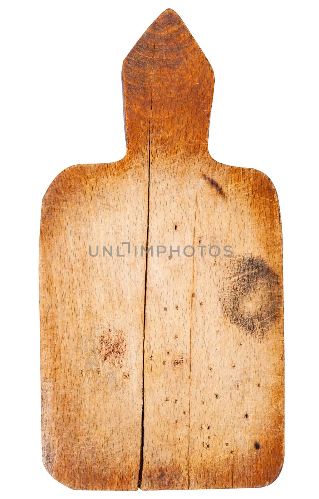 Surface of the old wooden planks kitchen board, isolated on white background