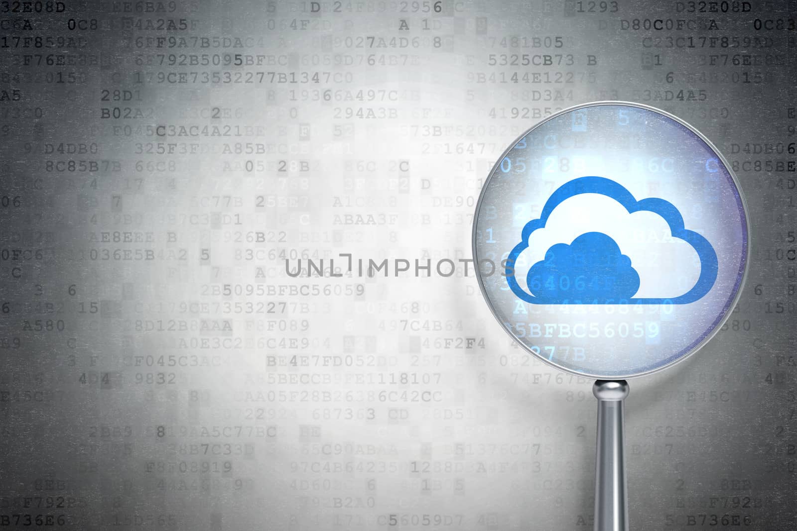 Cloud networking concept: magnifying optical glass with Cloud icon on digital background, empty copyspace for card, text, advertising, 3d render