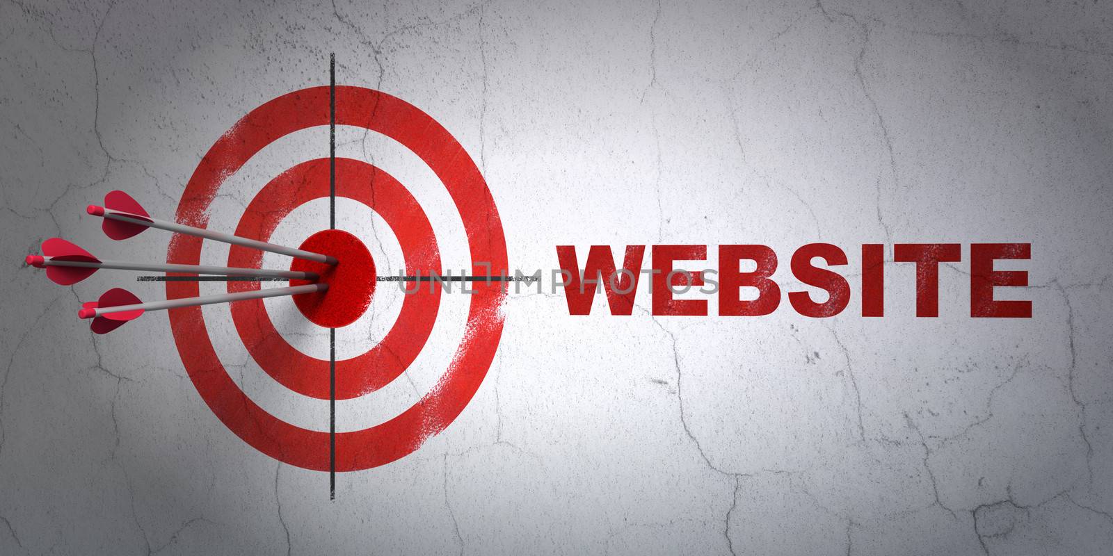 Success web design concept: arrows hitting the center of target, Red Website on wall background, 3d render