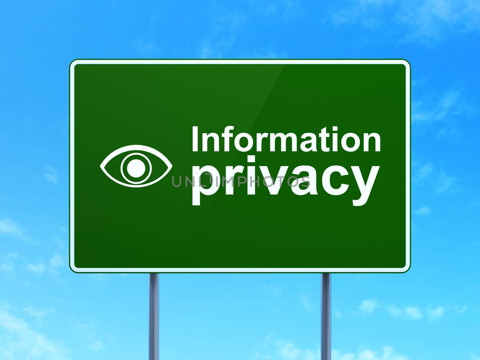 Protection concept: Information Privacy and Eye icon on green road (highway) sign, clear blue sky background, 3d render