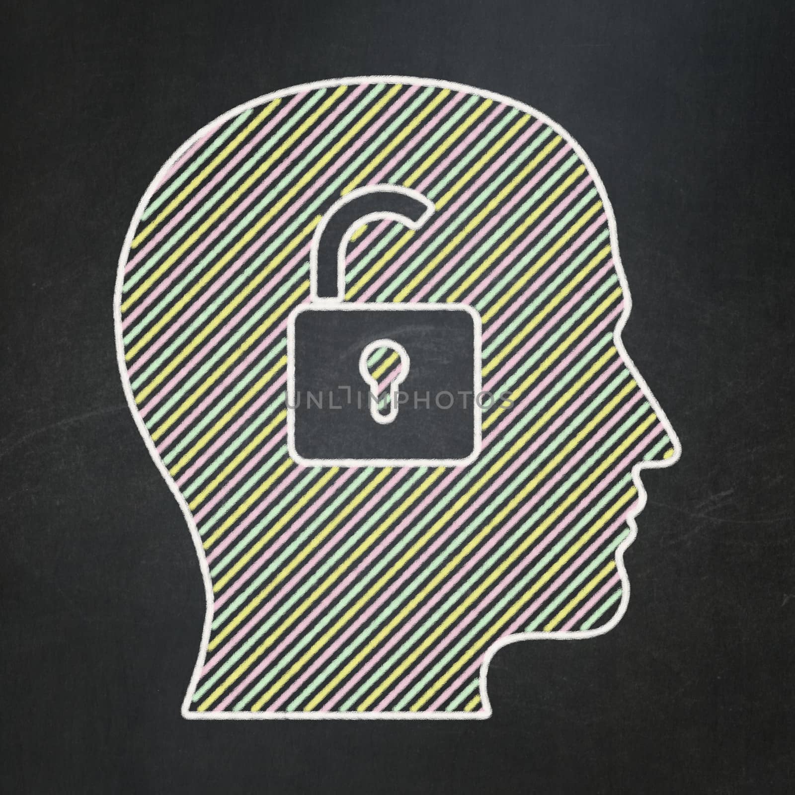 Business concept: Head With Padlock icon on Black chalkboard background, 3d render