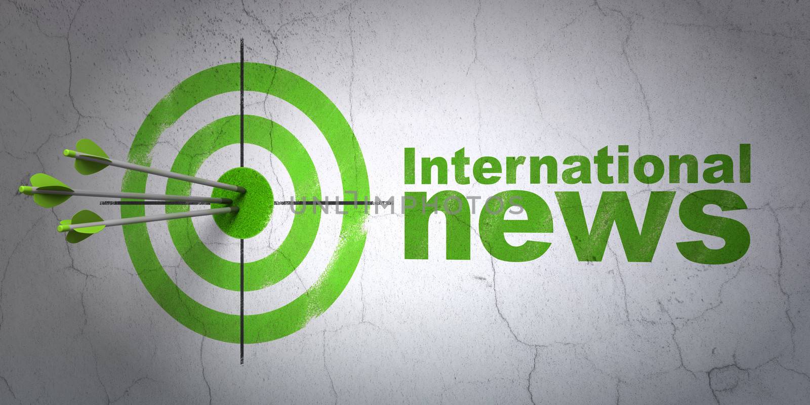 Success news concept: arrows hitting the center of target, Green International News on wall background, 3d render