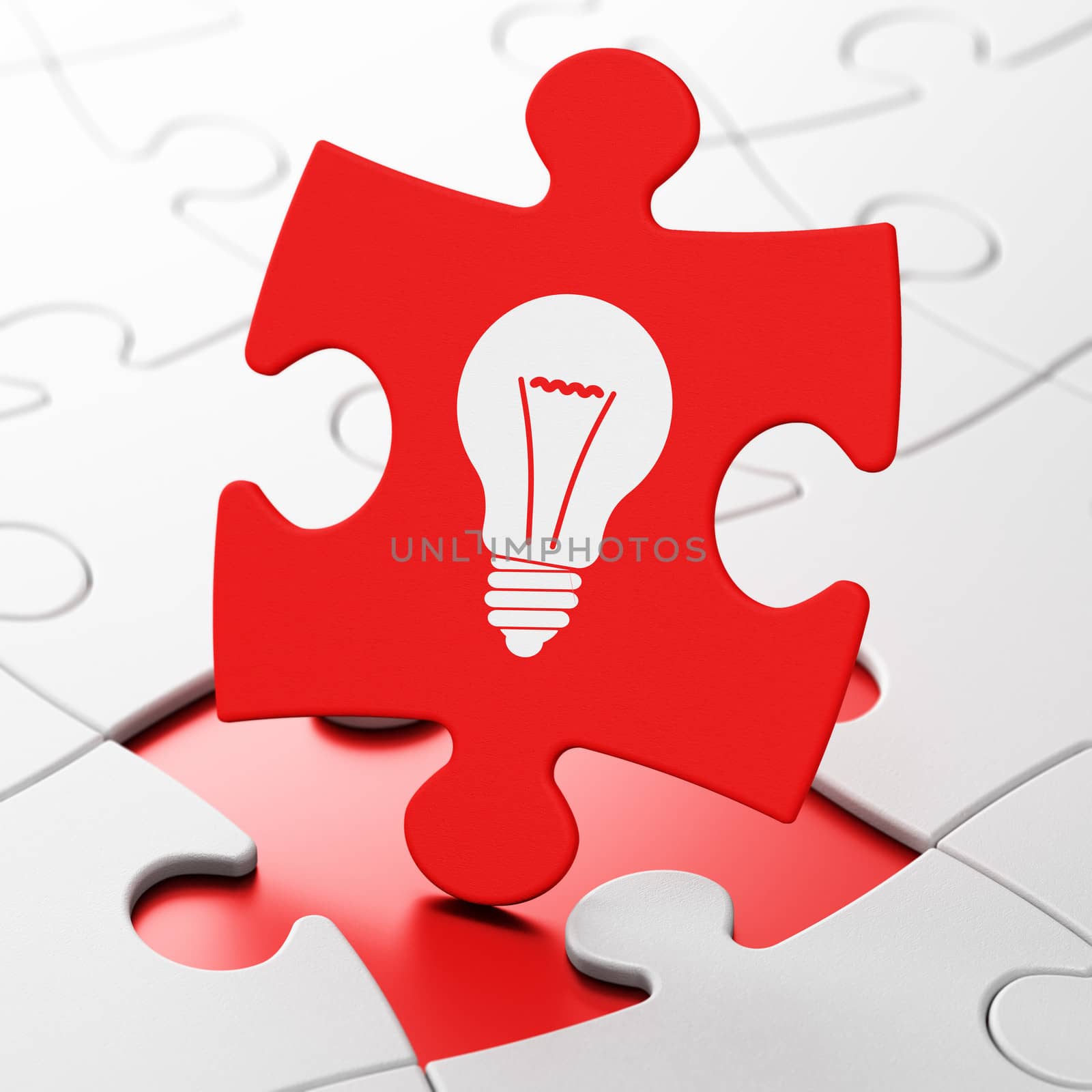 Finance concept: Light Bulb on Red puzzle pieces background, 3d render