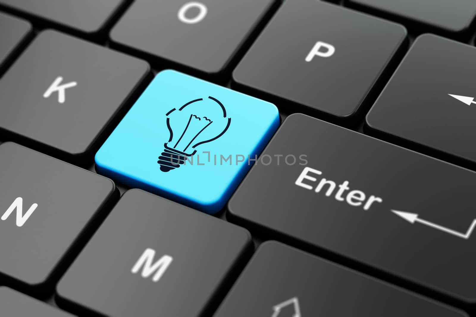 Finance concept: computer keyboard with Light Bulb icon on enter button background, 3d render