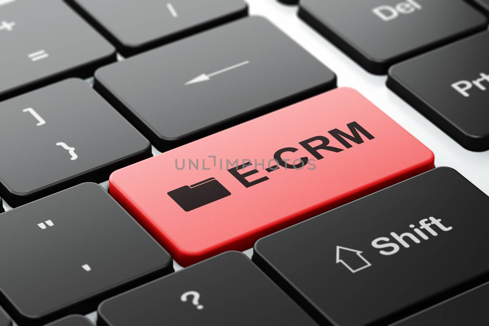 Finance concept: computer keyboard with Folder icon and word E-CRM, selected focus on enter button, 3d render