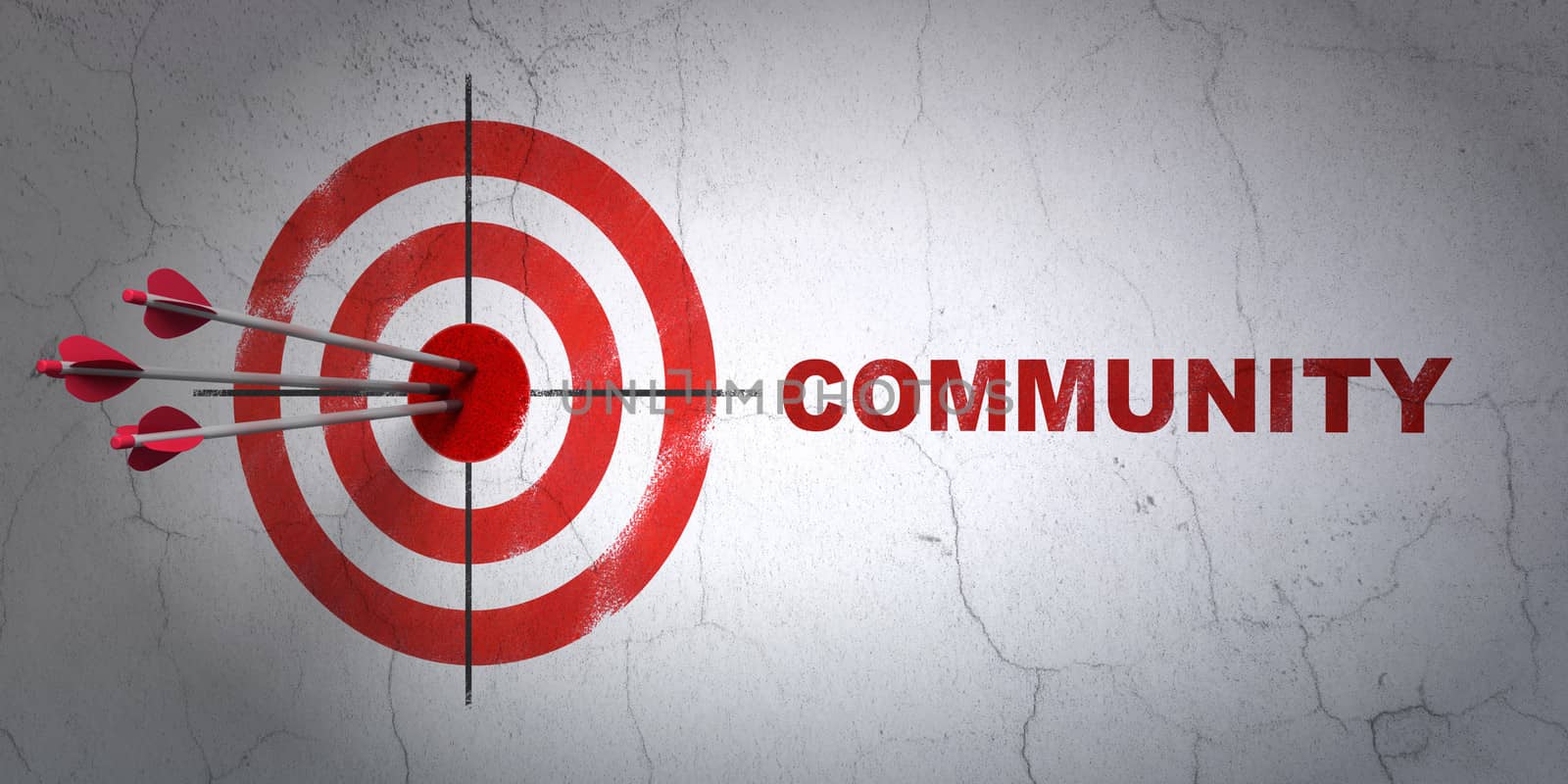 Success social media concept: arrows hitting the center of target, Red Community on wall background, 3d render