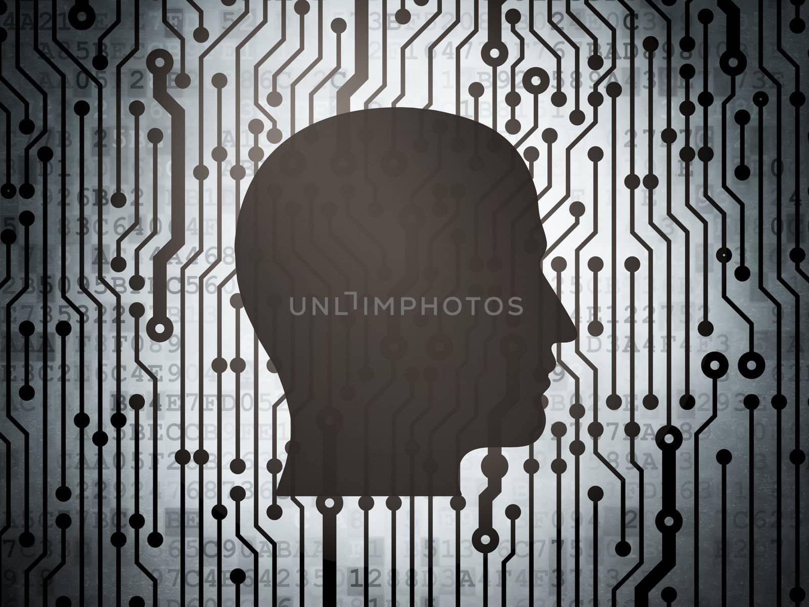 Business concept: circuit board with  Head icon, 3d render