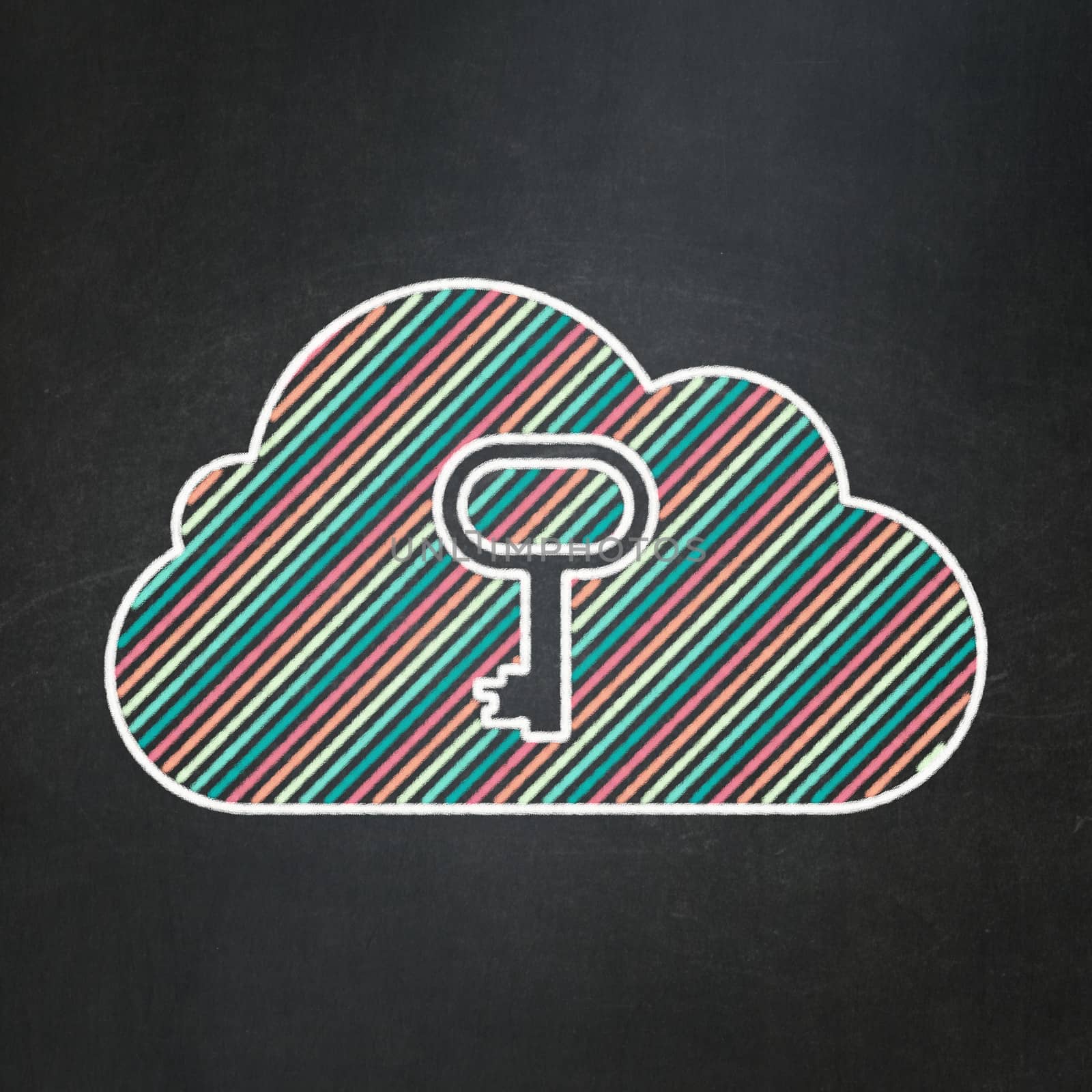 Cloud computing concept: Cloud With Key icon on Black chalkboard background, 3d render